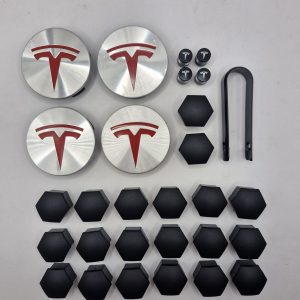 Hub Cap Kit, With Dust Caps And Lug Nut Caps Brushed Aluminum And Red