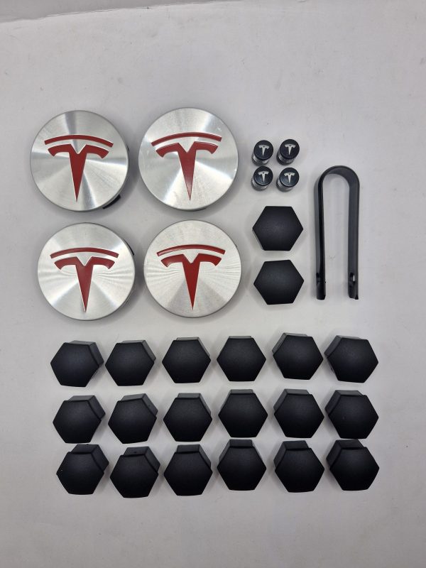 Hub Cap Kit, With Dust Caps And Lug Nut Caps Brushed Aluminum And Red